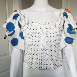 Dolce & Gabbana Polka Dot Off-Shoulder Corset Top with Blue and Orange Accents